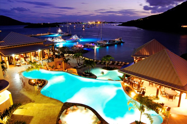 British Virgin Islands, SCRUB Island, NIGHTSHOT: overview pools to marina
