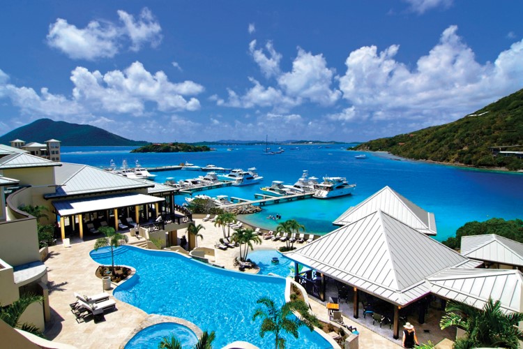 British Virgin Islands, SCRUB Island, wide OVERVIEW pools to marina & sea